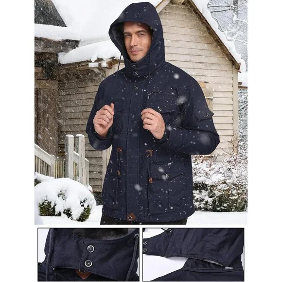 Mens Dark Blue  Hooded Winter Jacket Warm Fleece Lined ZipUp Casual Coat . - Picture 4 of 6